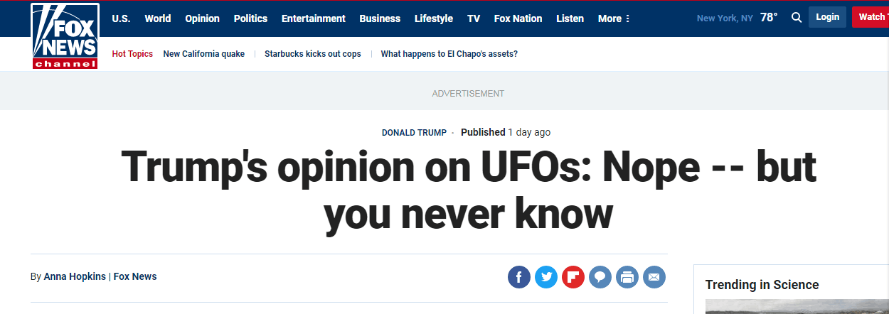 特朗普再谈UFO：我不相信这些 不过一切皆有可能